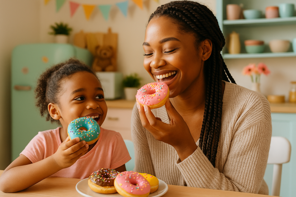 Kenyan mother and young daughter smiling while eating colorful donuts in a warm, pastel kitchen setting.