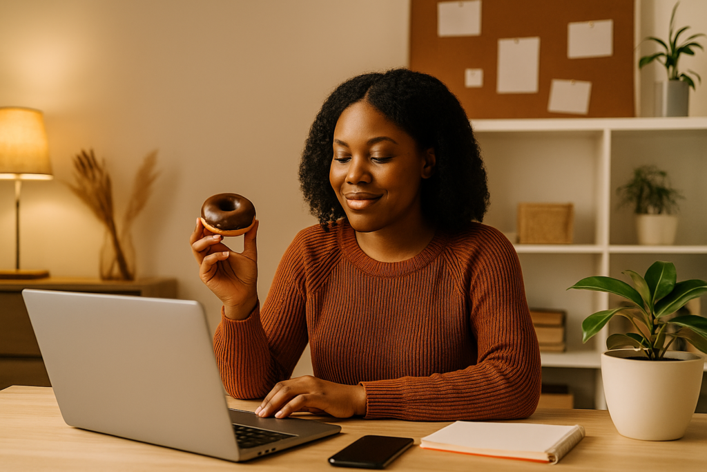 African woman smiling softly while working on a laptop and holding a chocolate donut in a cozy, warmly lit home office.